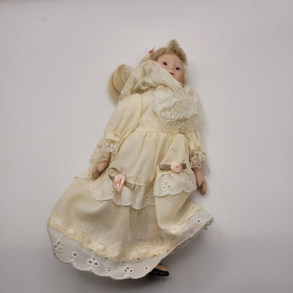 Vintage Porcelain Doll Blonde Hair Cream Lace Victorian Dress Pink Rosettes
